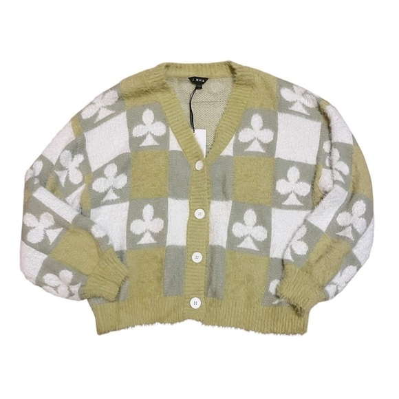 Sweater Cardigan Womens Large Green Spades Clover NWT Button Front Loose V-Neck - Picture 10 of 10